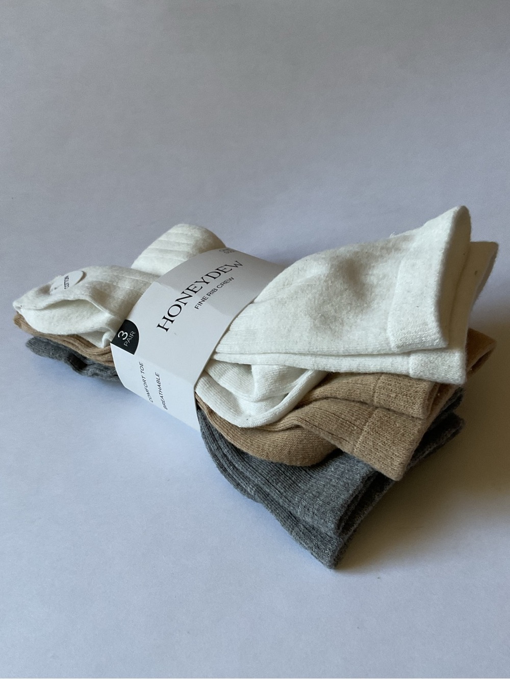 HONEYDEW WOMENS 3 PAIR PACK COTTON BLEND FINE RIB CREW SOCKS GRAY TAN WHITE NWT